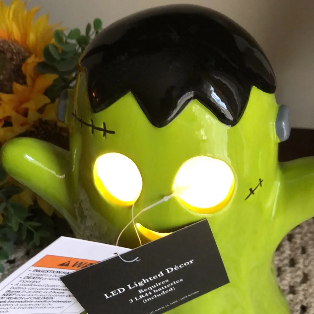 Green Ceramic Halloween Frankenstein Decoration - LED Lighted Decor